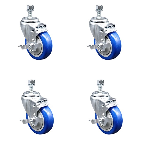 Service Caster 4 Inch SS Blue Polyurethane Wheel Swivel 1/2 Inch Threaded Stem Caster Set Brake SCC-SSTS20S414-PPUB-BLU-TLB-121315-4 - main